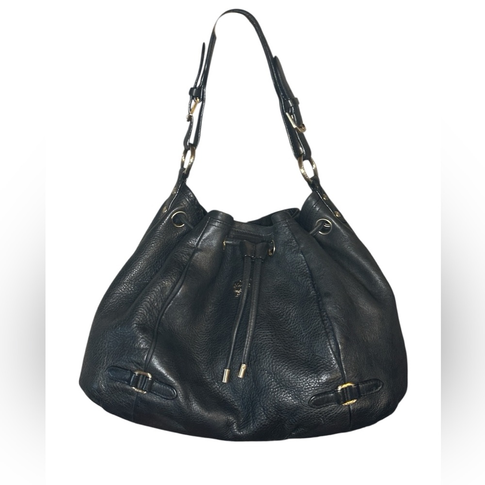MCM Visetos Leather Drawstring Bucket Shoulder Bag.